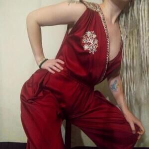Vintage 80s Maroon Embroidered Jumpsuit